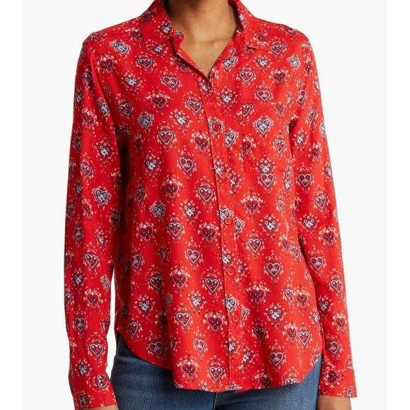 beachlunchlounge Red‎ Heart Patterned Ashley Long Sleeve Button Up, Size S - Picture 1 of 8